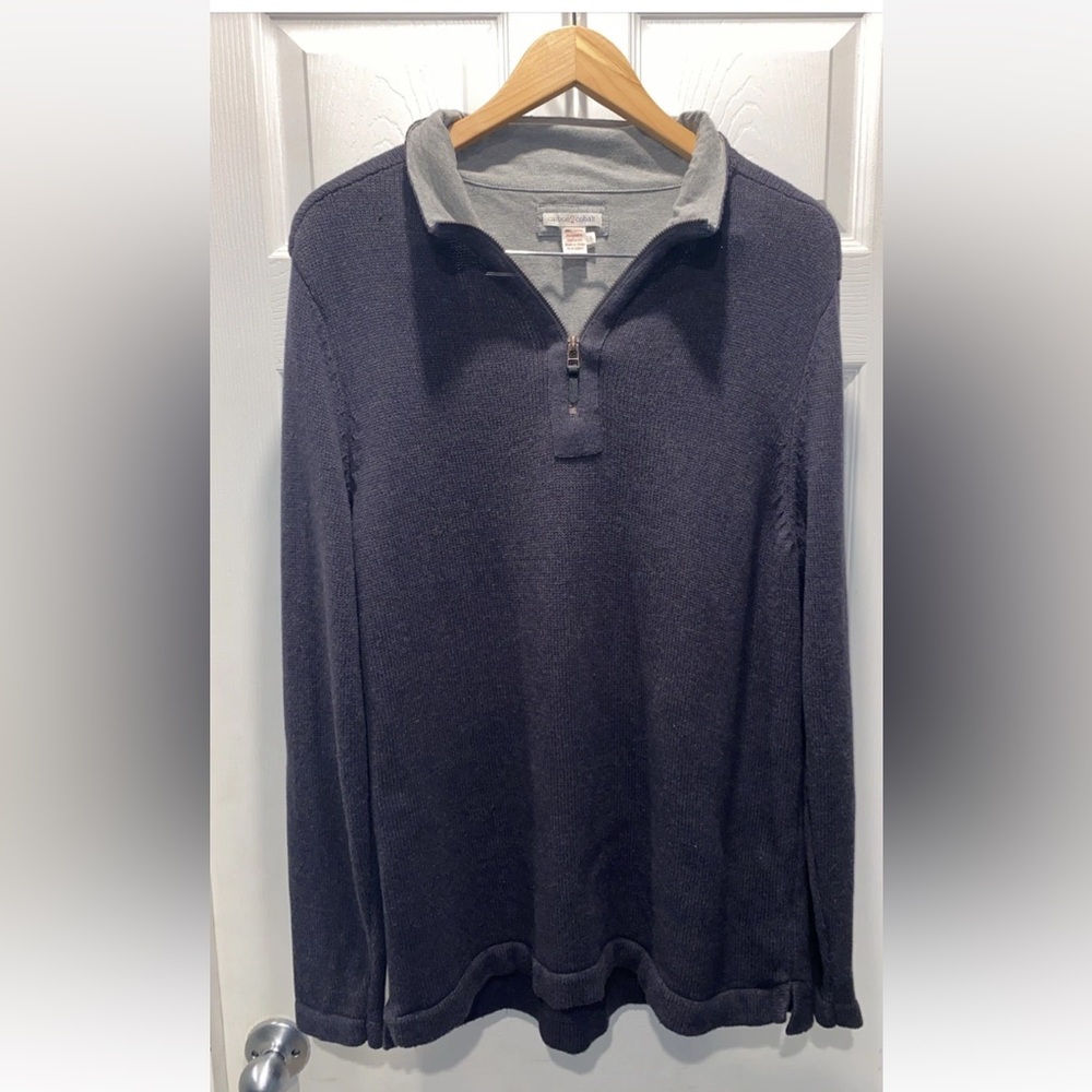 Carbon 2 Cobalt Size L 100% Cotton Blue Quarter Zip Textured Collar Sweater Gray